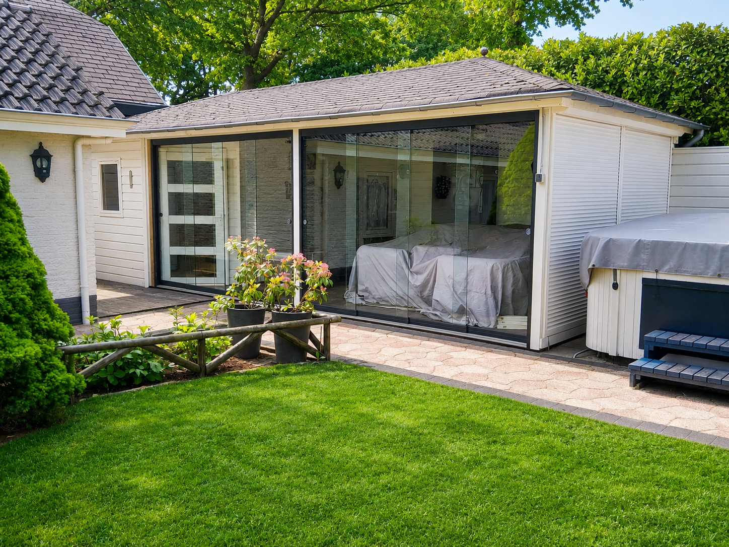Glazen schuifwand bij moderne veranda of overkapping in de tuin