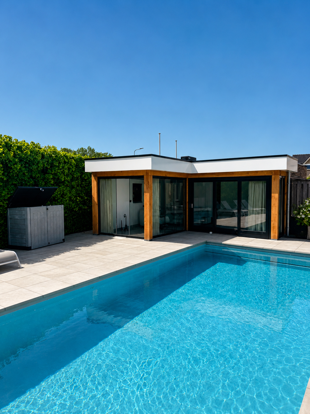 Luxe poolhouse met glazen schuifwanden bij zwembad en zwarte profielen-1